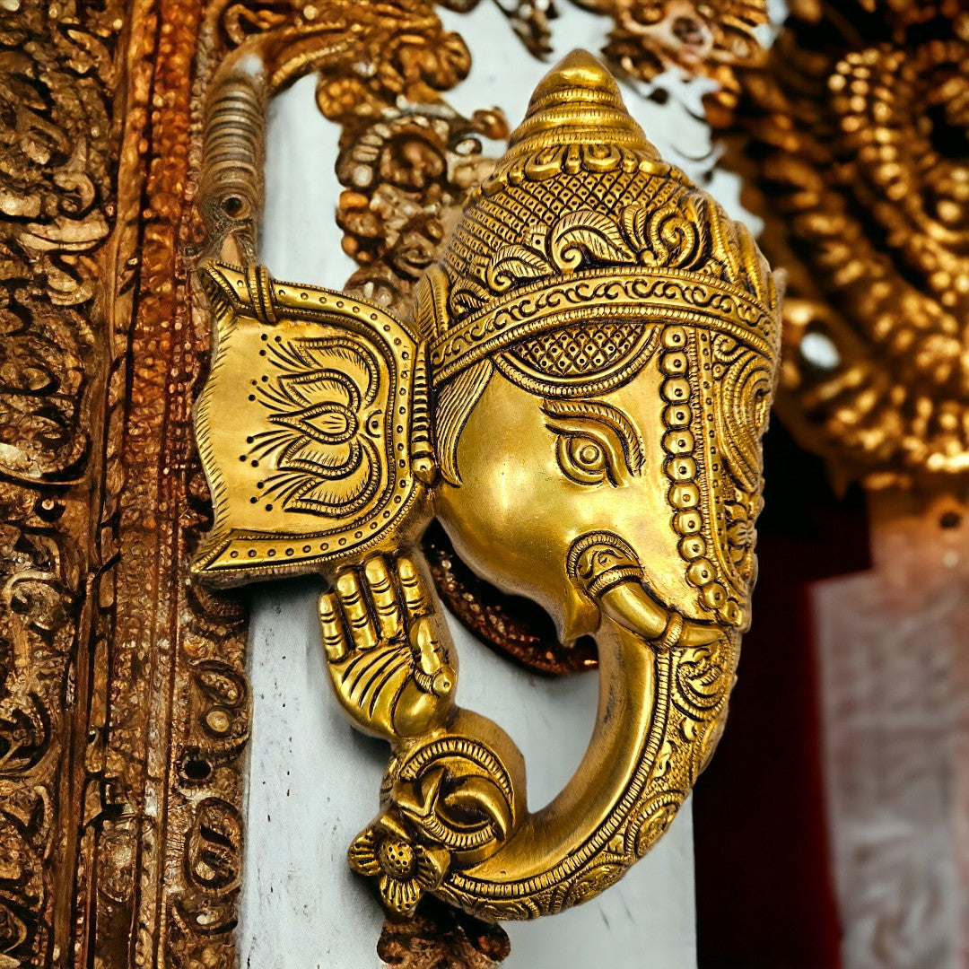 Brass Lord Ganesha Mask Wall Hanging for Decoration (11 Inch)(Golden)