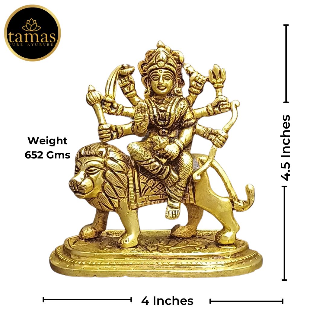 Tamas Brass Durga Mata with Lion Statue/Idol (Golden) (4.5 Inches)