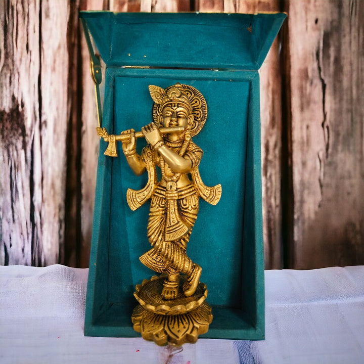 Brass Lord Krishna Idol on Kamal Statue/Idol (7 Inch) (Golden)