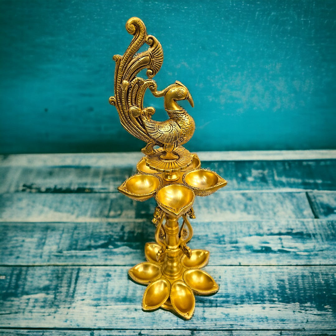 Tamas Brass Peacock Auspicious Puja Lamp/Diya/Deepak/Deepam (20.5 Inch) (Golden)