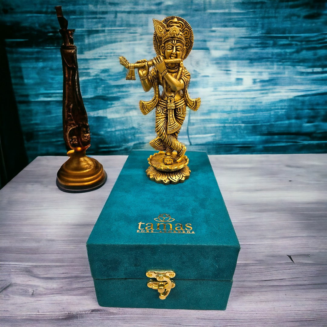 Brass Lord Krishna Idol on Kamal Statue/Idol (7 Inch) (Golden)