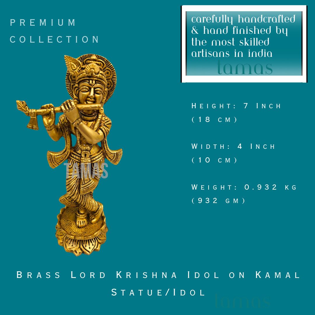 Brass Lord Krishna Idol on Kamal Statue/Idol (7 Inch) (Golden)