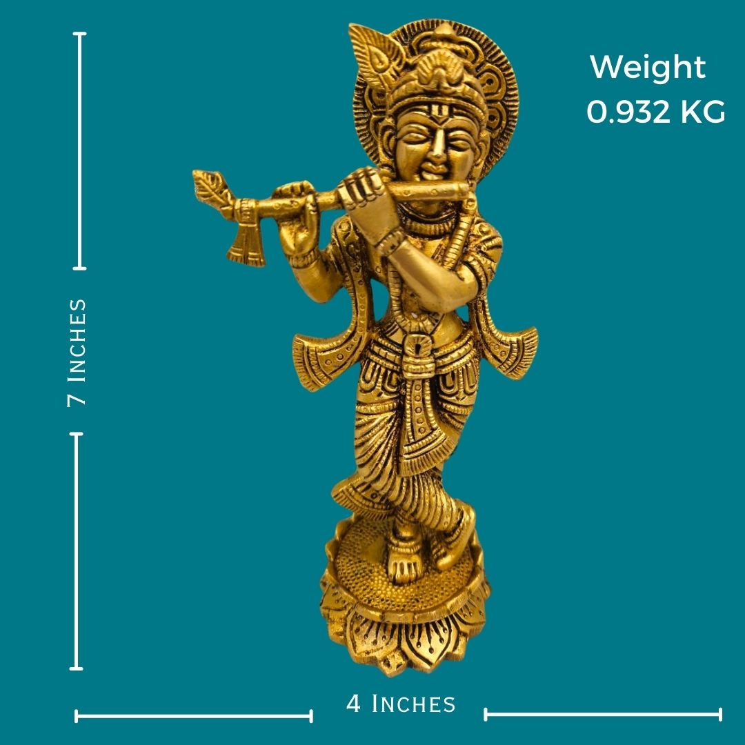 Brass Lord Krishna Idol on Kamal Statue/Idol (7 Inch) (Golden)