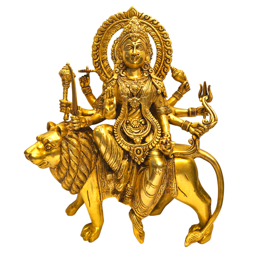 Brass Goddess Durga Maa with Lion Statue/Idol (Golden) (15 Inches)