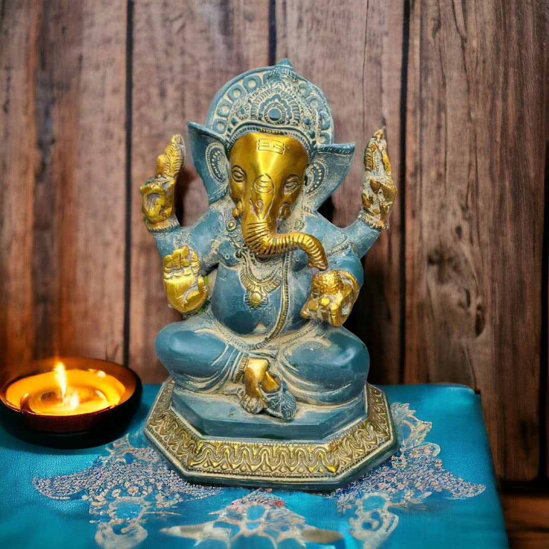 Tamas Brass Handcrafted Lord Mangalkari Ganesh Statue / Idol With Antique Finish (6 x 5 x 7.5 Inches, Golden & Blue) (Pack of 1)