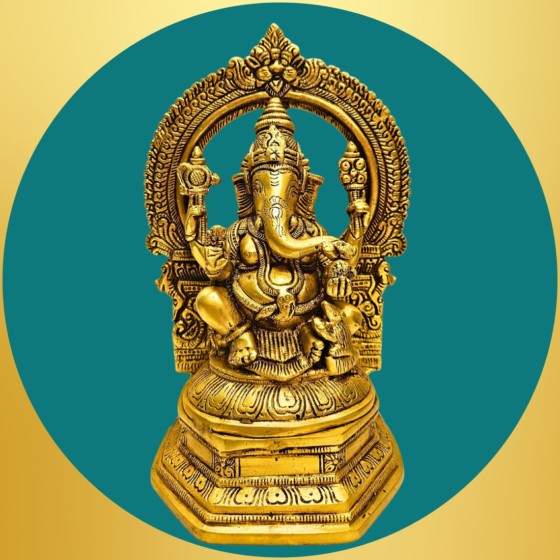 Tamas Brass Lord Ganesha with Aureole and Kirtimukha Statue/Idol (Golden)(9.5 Inches)