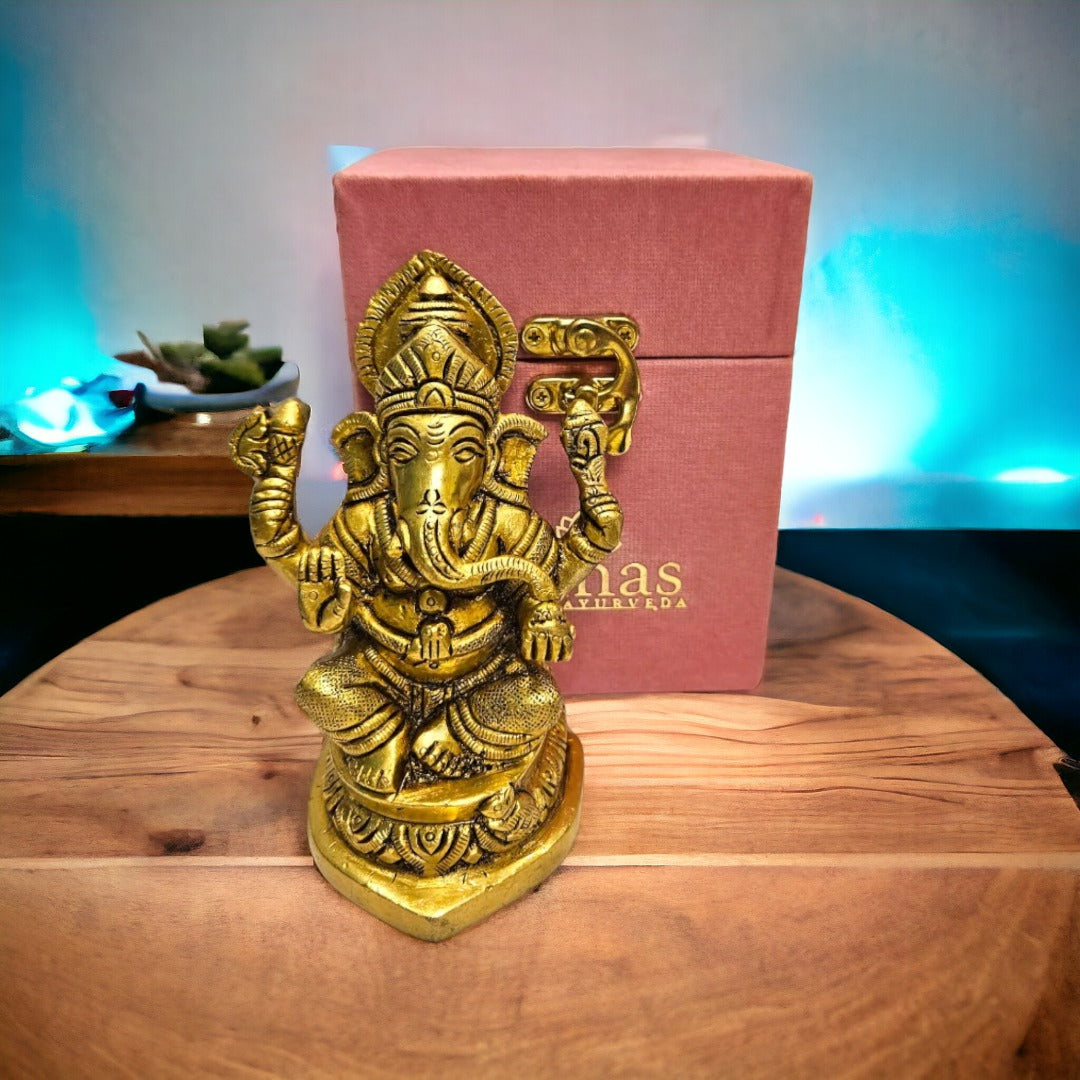 Tamas Brass Handmade Ganesh Statue for Good Luck, Success and Prosperity (Golden) Height 4 inches | Free Luxury  Gift Box