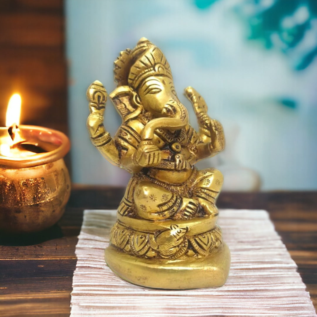 Tamas Brass Handmade Ganesh Statue for Good Luck, Success and Prosperity (Golden) Height 4 inches | Free Luxury  Gift Box