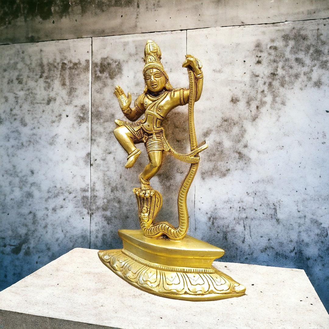 Tamas Brass Lord Krishna Dancing on The Hood of Kaliya Naag Statue/Idol (Golden) (9.5 Inches)