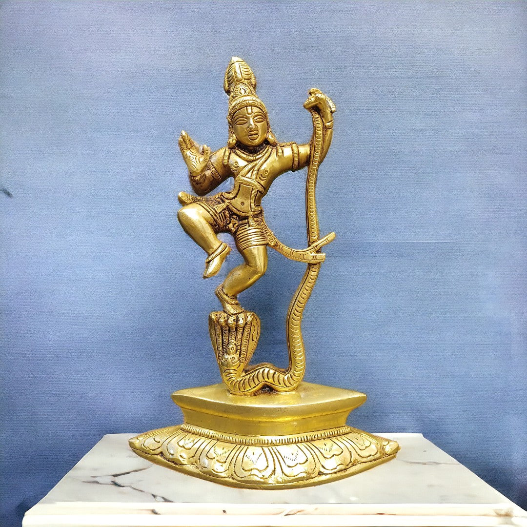 Tamas Brass Lord Krishna Dancing on The Hood of Kaliya Naag Statue/Idol (Golden) (9.5 Inches)