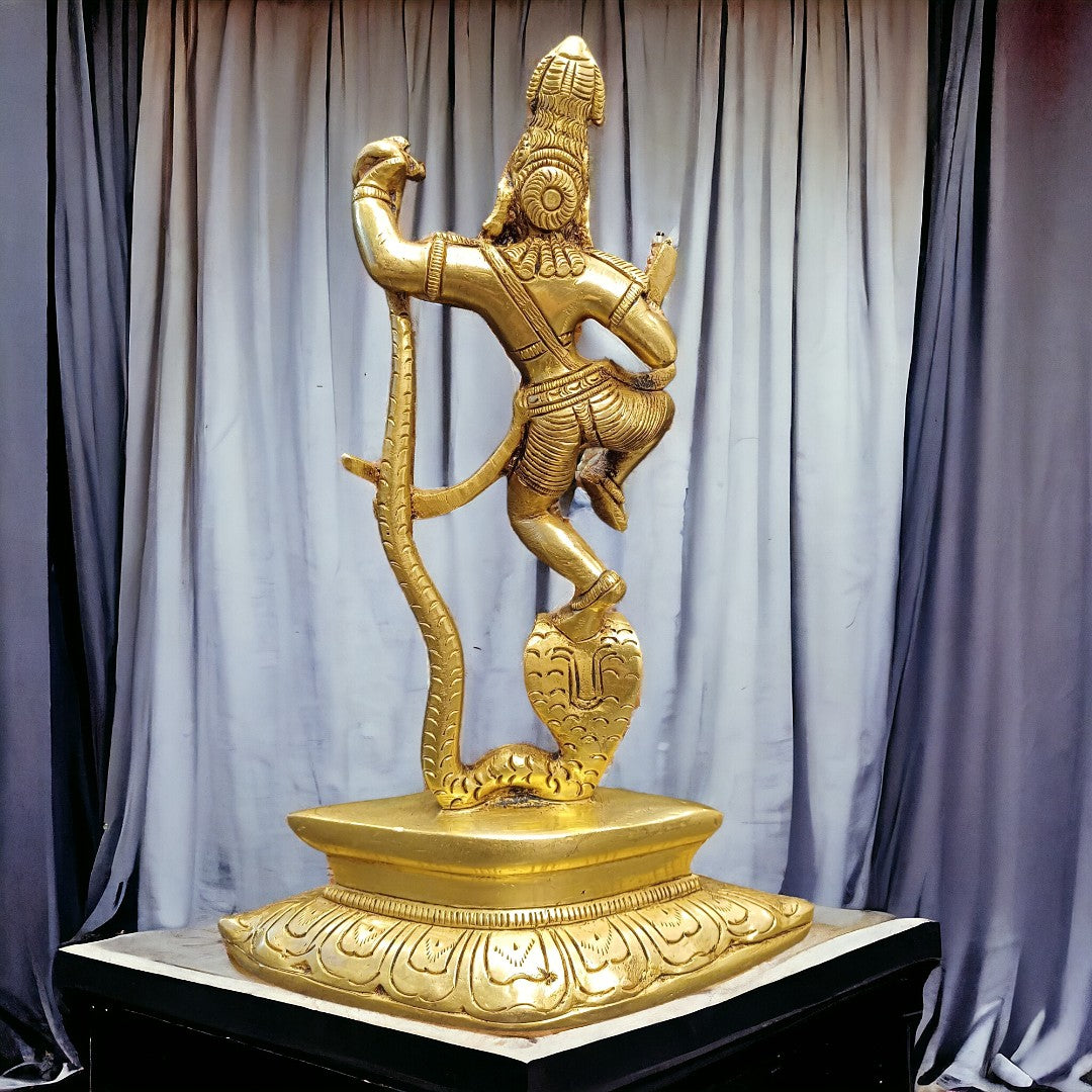 Tamas Brass Lord Krishna Dancing on The Hood of Kaliya Naag Statue/Idol (Golden) (9.5 Inches)