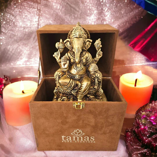 Brass Lord Ganesha Sitting on Carved Singhasan with Mooshak Statue (Golden) Height 6 inches | Free Premium Gift Box