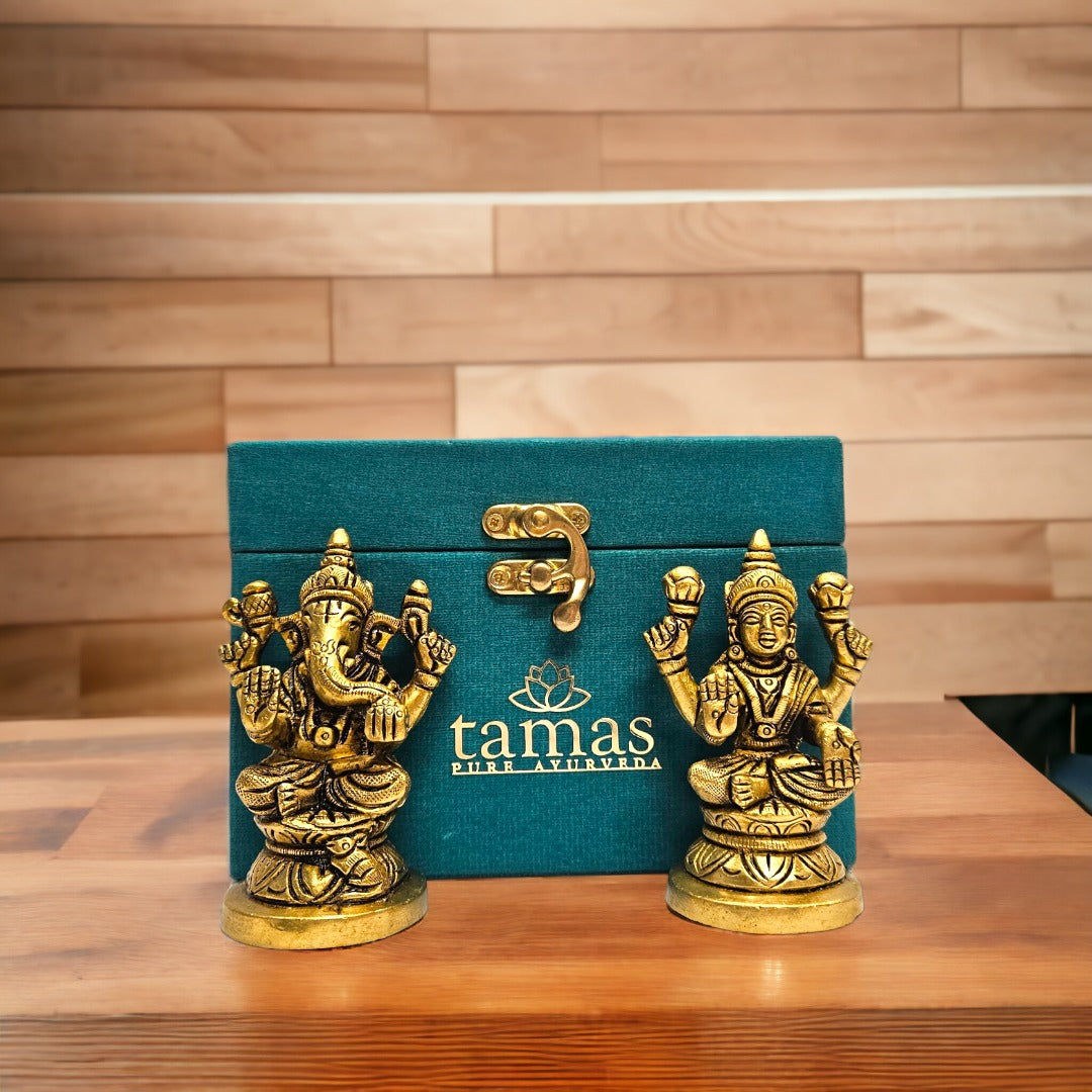 Brass Lord Ganesh Lakshmi Statue (Golden) 3 Inch | Free Premium Gift Box