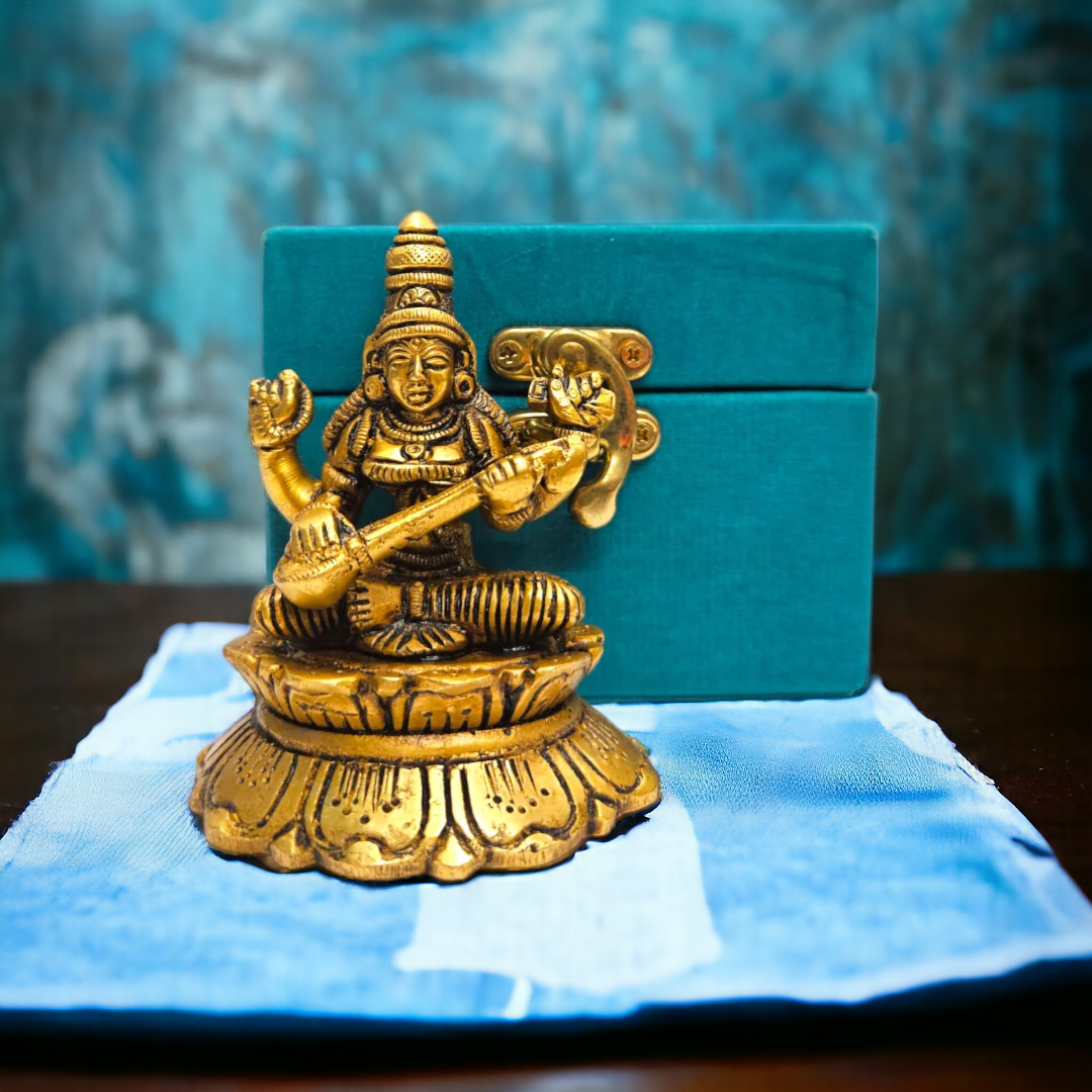 Tamas Brass Mini Saraswati Maa Idol (3 Inch)| Free Luxury Gift Box