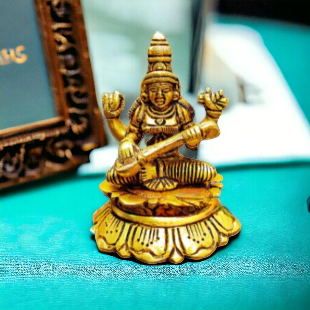 Tamas Brass Mini Saraswati Maa Idol (3 Inch)| Free Luxury Gift Box