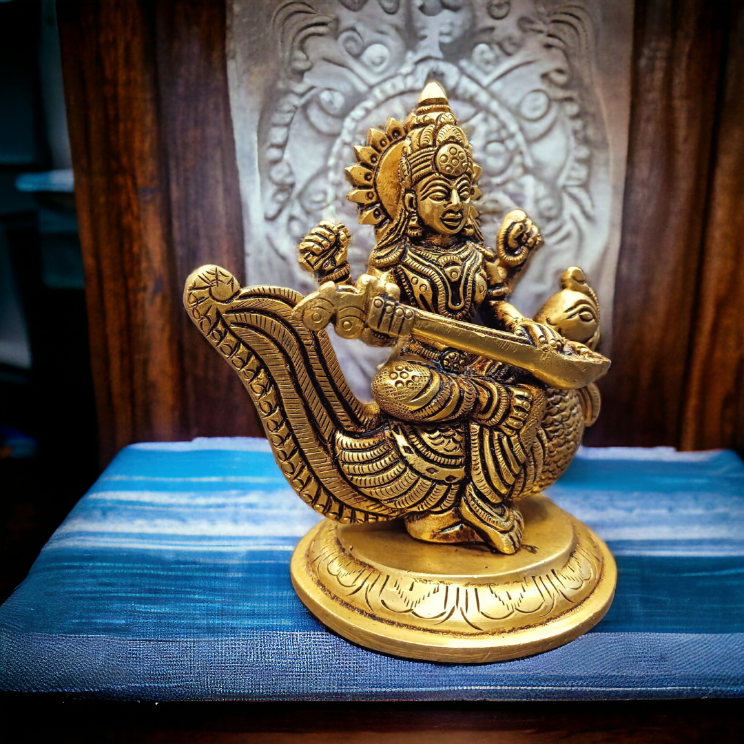 Tamas Brass Saraswati With Swan Statue (4 Inches)| Free Luxury Gift Box