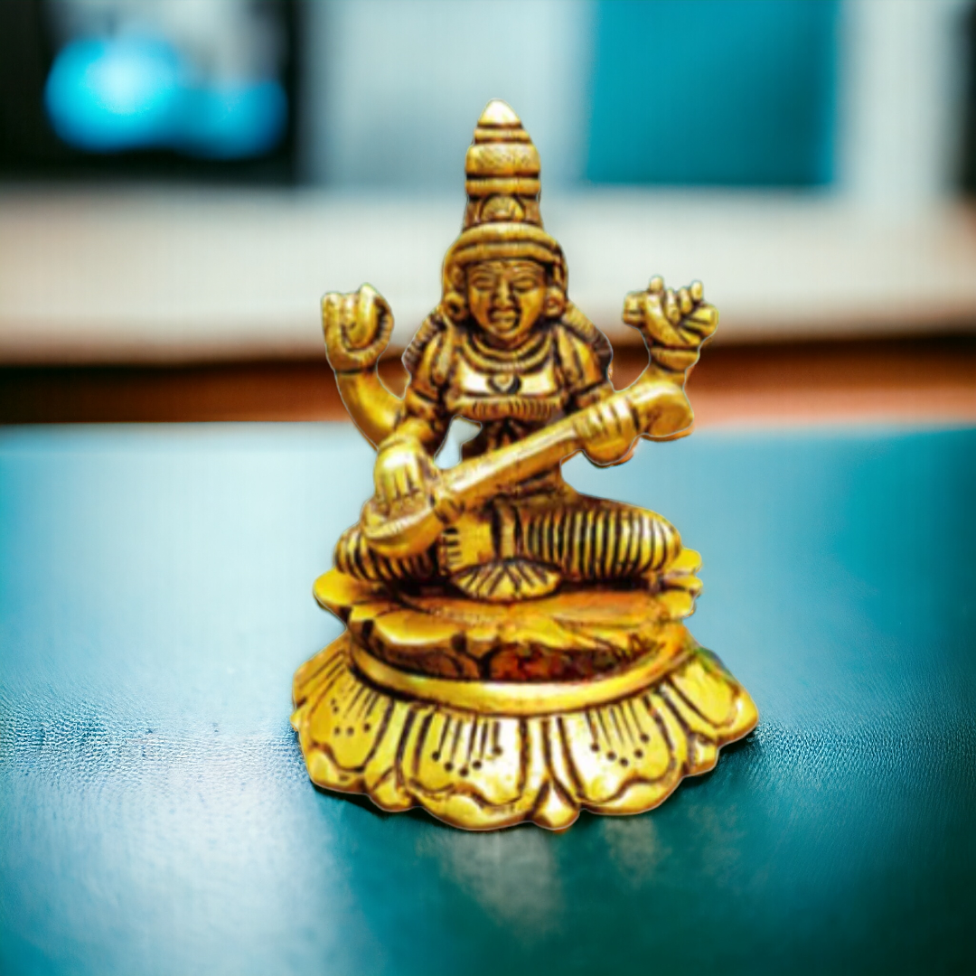 Tamas Brass Mini Saraswati Maa Idol (3 Inch)| Free Luxury Gift Box