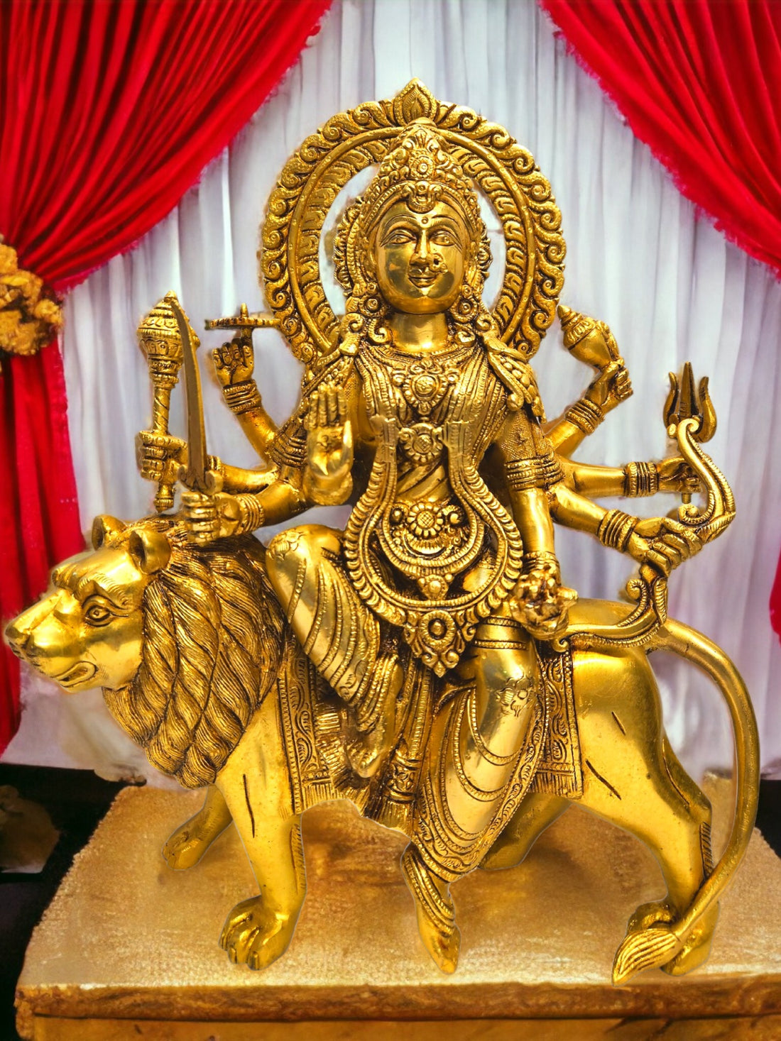 Brass Goddess Durga Maa with Lion Statue/Idol (Golden) (15 Inches)