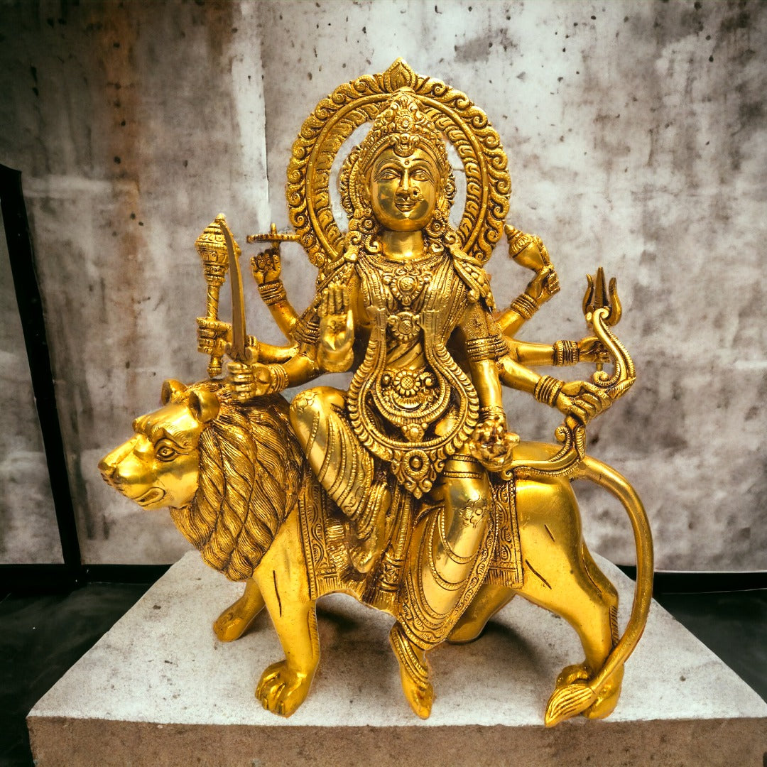 Brass Goddess Durga Maa with Lion Statue/Idol (Golden) (15 Inches)