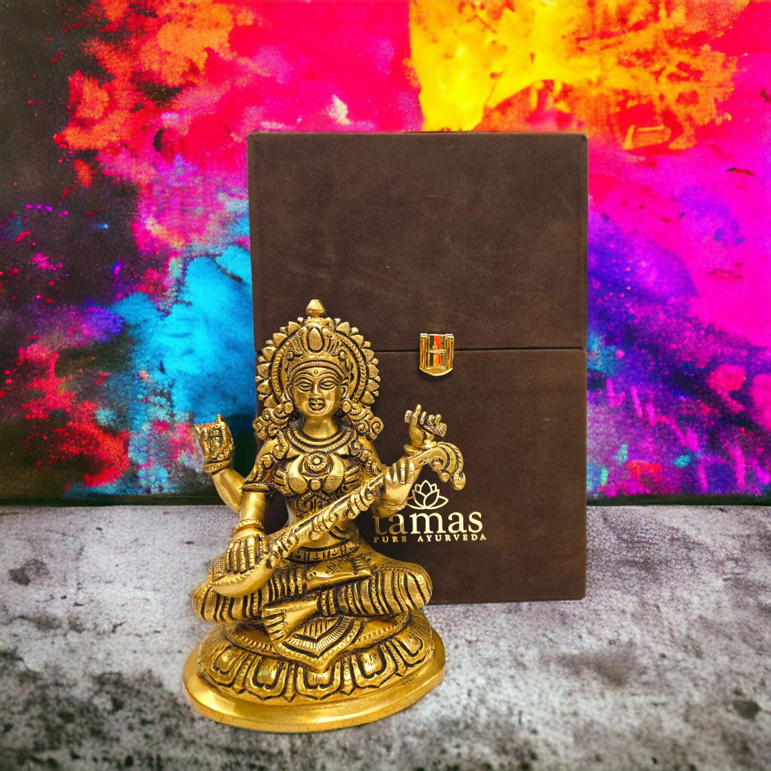 Tamas Brass Saraswati Statue (7.5 Inches)| Free Luxury Gift box