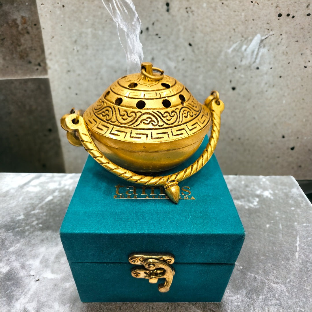 Tamas Brass Small Dhoop Burner with Handle and Lid  (Golden) Height 2.5 inches | Free Luxury Gift Box