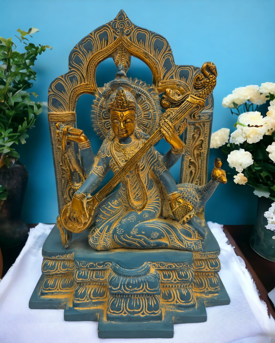 Brass Turquoise Saraswati Maa (11 X 8 X 5.6 inch) |Weight-5 kg