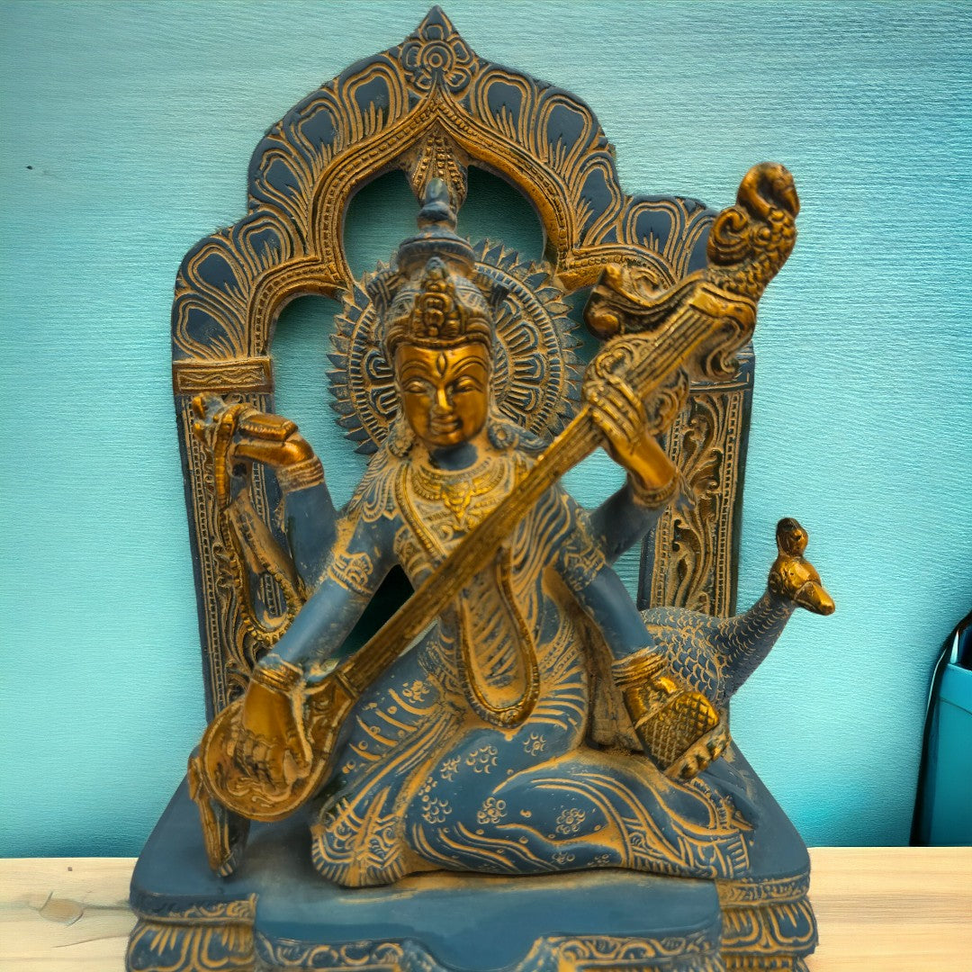 Brass Turquoise Saraswati Maa (11 X 8 X 5.6 inch) |Weight-5 kg