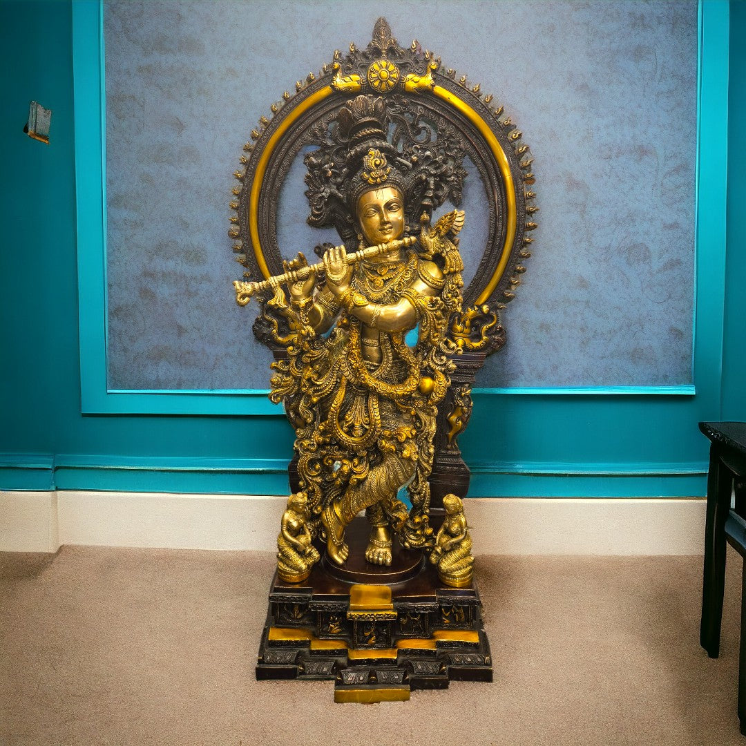 Brown Brass Krishna|32 inch|Weight-35 kg