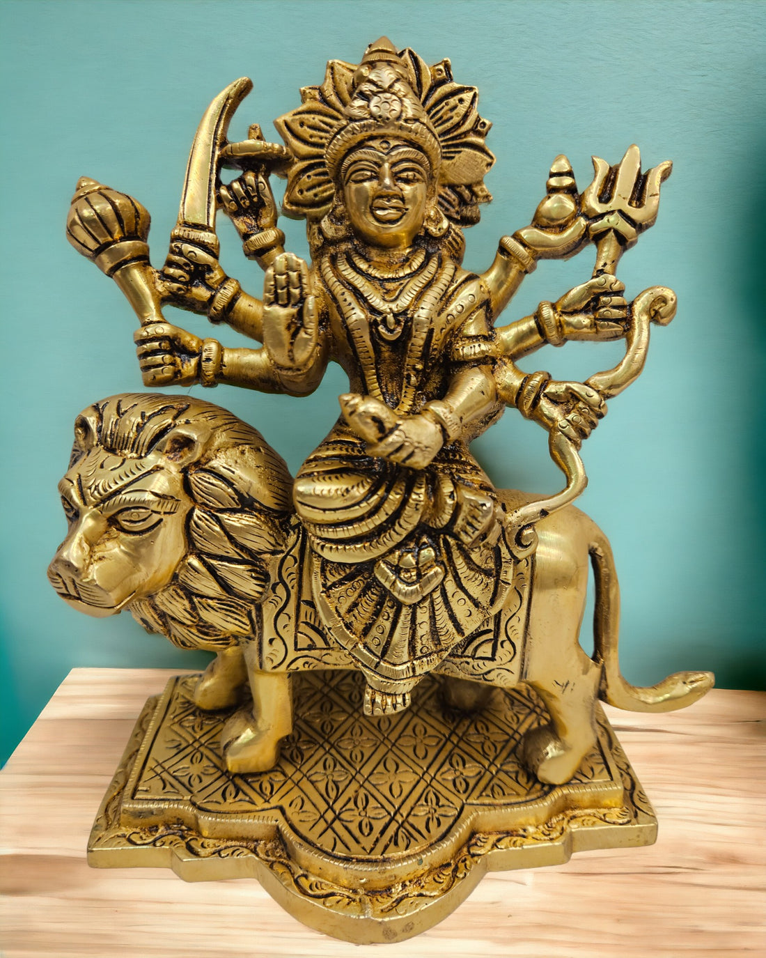 Brass Durga Mata Stand Home Temple Pooja Statue | Idol (Golden)| (8X7.3X3.5) inch|Weight-3 kg