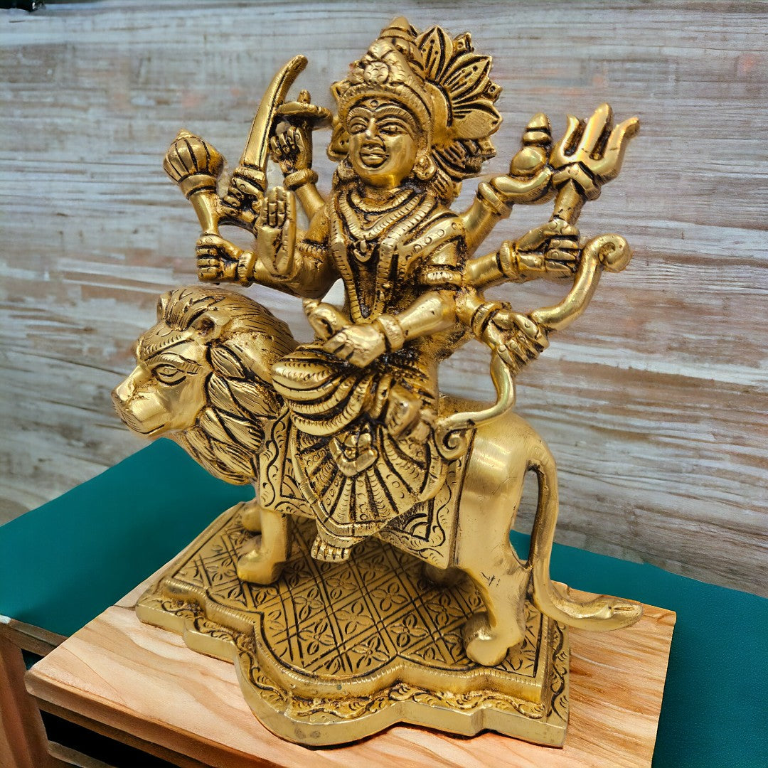 Brass Durga Mata Stand Home Temple Pooja Statue | Idol (Golden)| (8X7.3X3.5) inch|Weight-3 kg