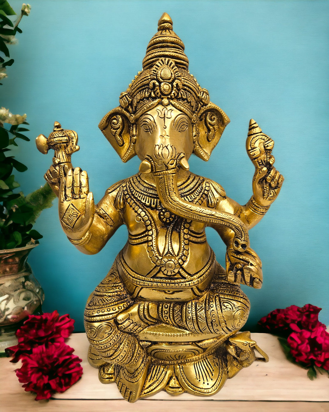 Lord Ganesh |Ganapati Brass Statue/Idol (Golden) | (12 X 8.5 X 4 inch)|Weight -5 kg