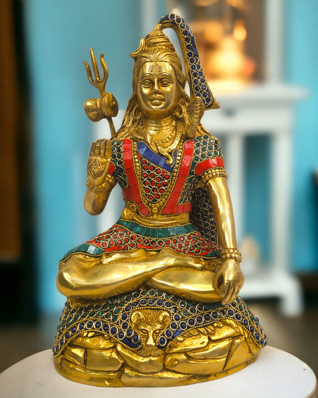 Brass stoned work shiv ji statue |(13 X 9 X 6.5 inch)|Weight - 7 kg