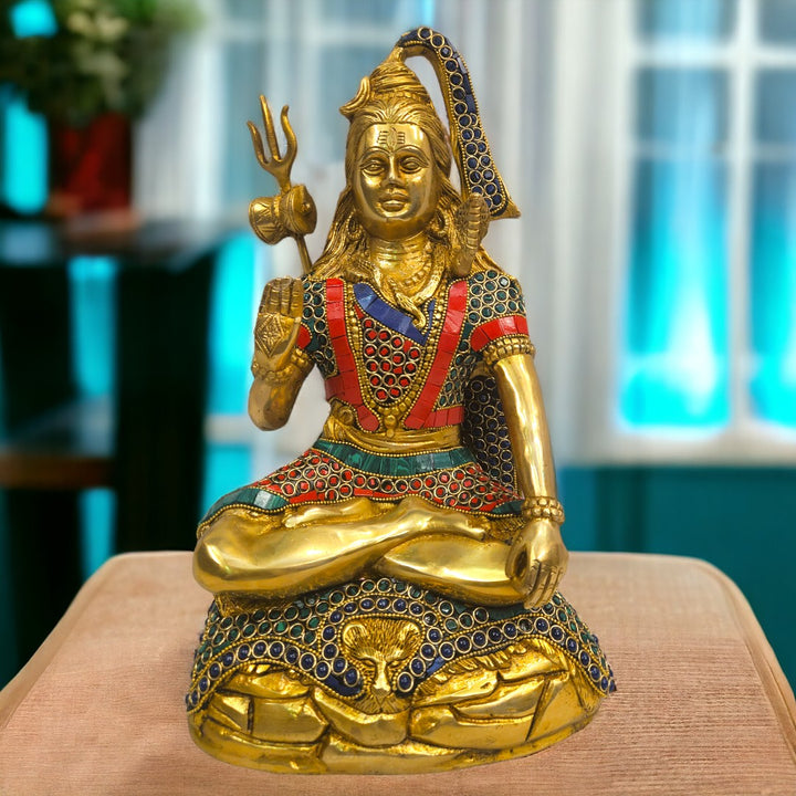 Brass stoned work shiv ji statue |(13 X 9 X 6.5 inch)|Weight - 7 kg