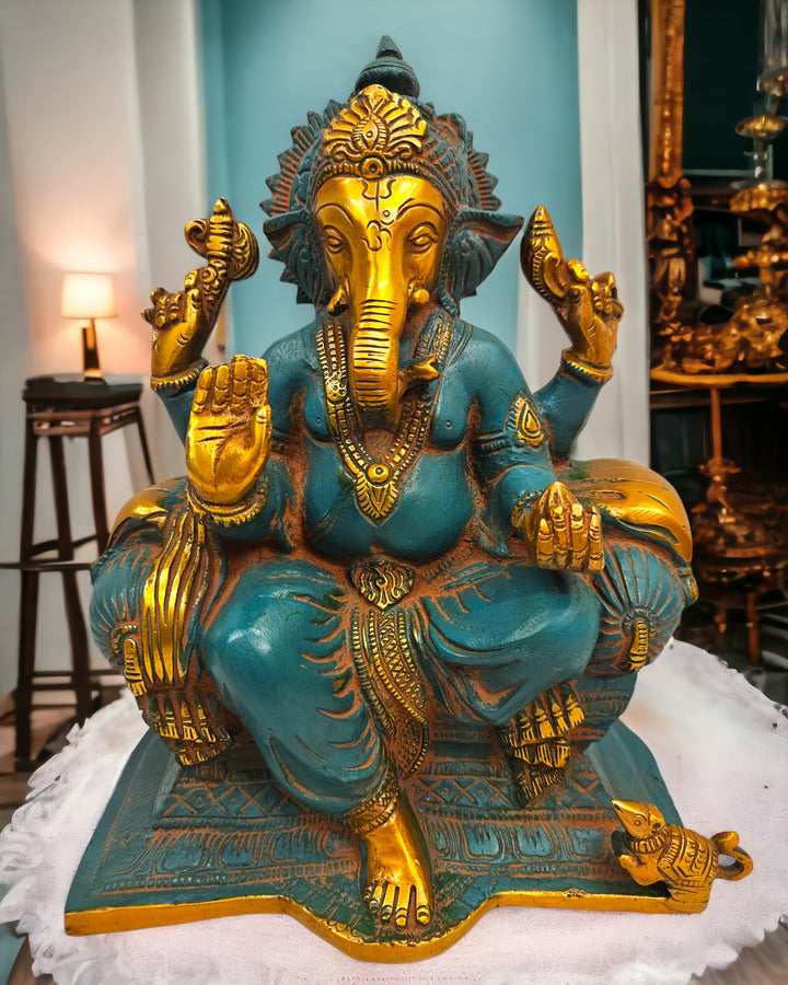 Brass Ganesha raja |Turquoise blue | (9.3 X 7.5 X 4.6 inch) |Weight - 4 kg