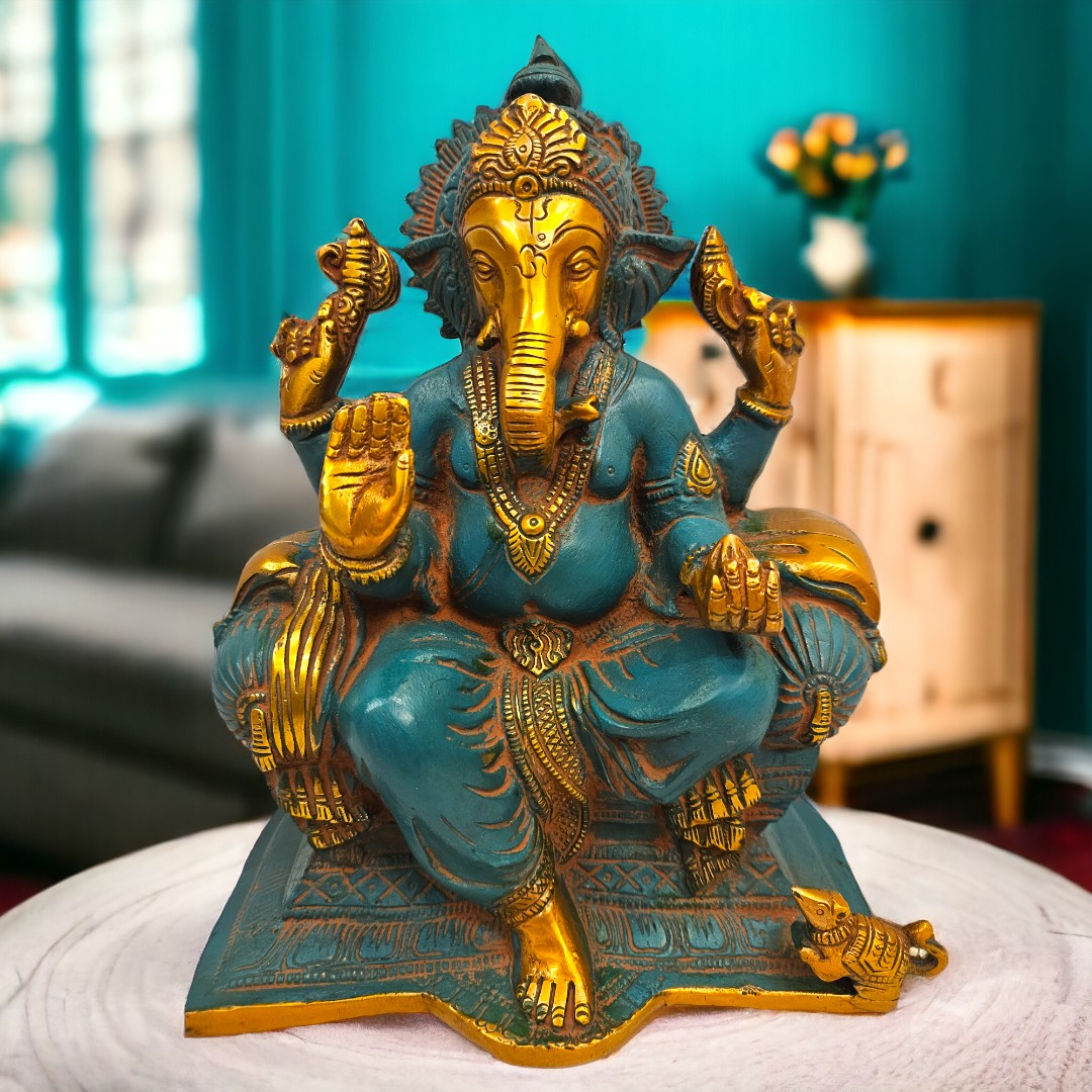 Brass Ganesha raja |Turquoise blue | (9.3 X 7.5 X 4.6 inch) |Weight - 4 kg