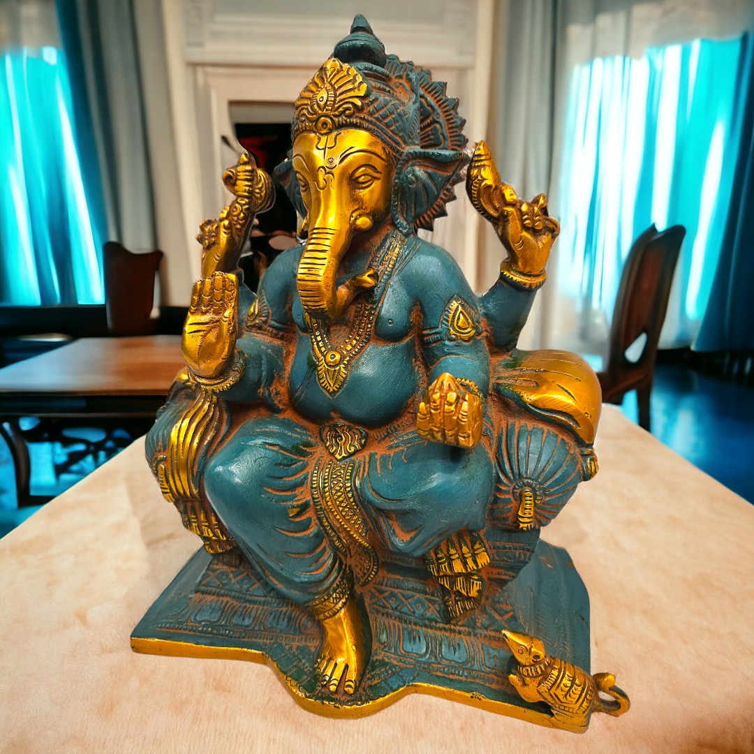 Brass Ganesha raja |Turquoise blue | (9.3 X 7.5 X 4.6 inch) |Weight - 4 kg