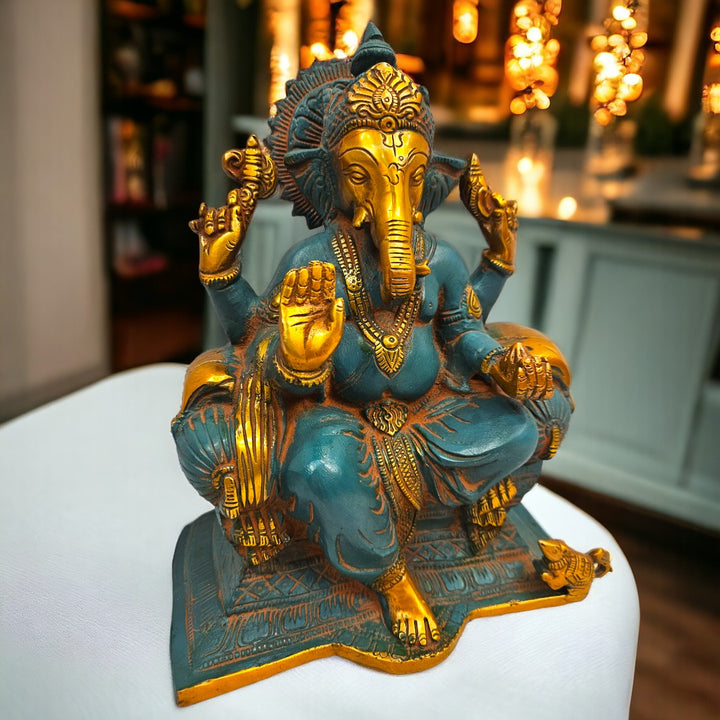 Brass Ganesha raja |Turquoise blue | (9.3 X 7.5 X 4.6 inch) |Weight - 4 kg