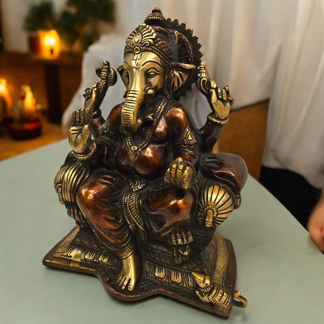 Brass Ganesh Statue |(9.3 X 7.5 X 4.6) inch|Weight- 4 kg