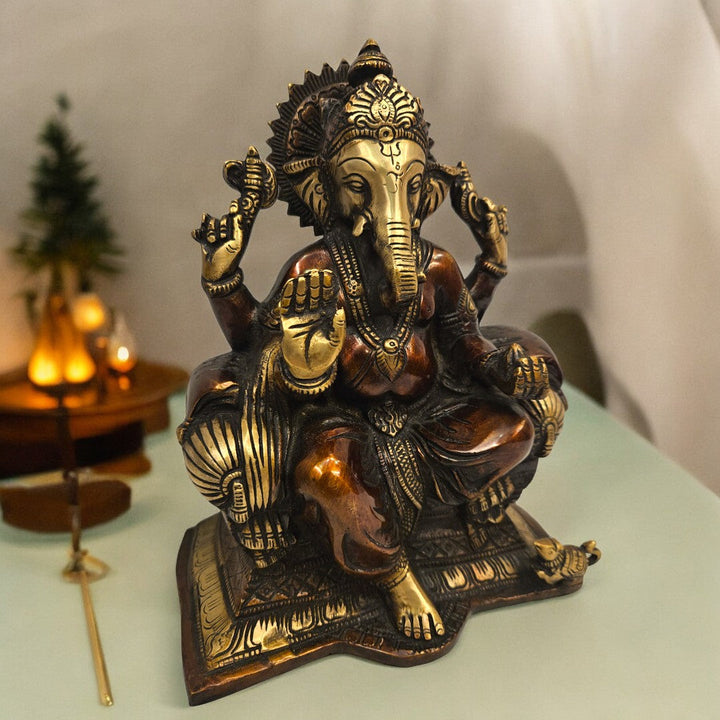 Brass Ganesh Statue |(23.62 X 19.05 X 11.68 ) cm |Weight- 4 kg