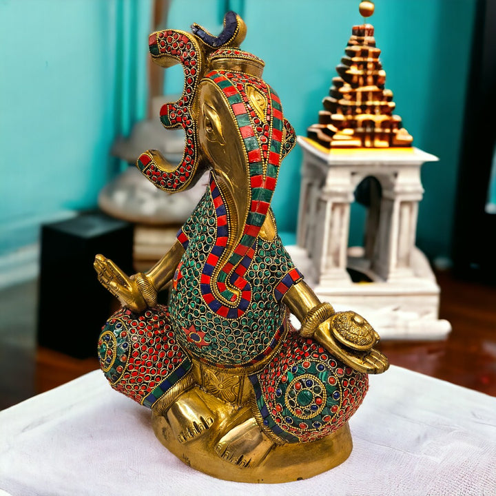 Modern Stoned work Lord Ganesh/Ganapati Brass Statue/Idol| (16.6 X 12 X 5 inch) |Weight - 10 kg