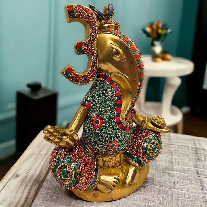 Modern Stoned work Lord Ganesh/Ganapati Brass Statue/Idol| (16.6 X 12 X 5 inch) |Weight - 10 kg