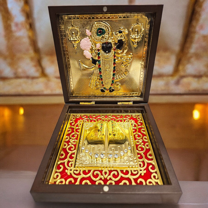 Gold Foil Jai Shree Krishna Gift \Pooja Box |(5 X 4.5 X 4.5 inch)|Weight-0.18 kg