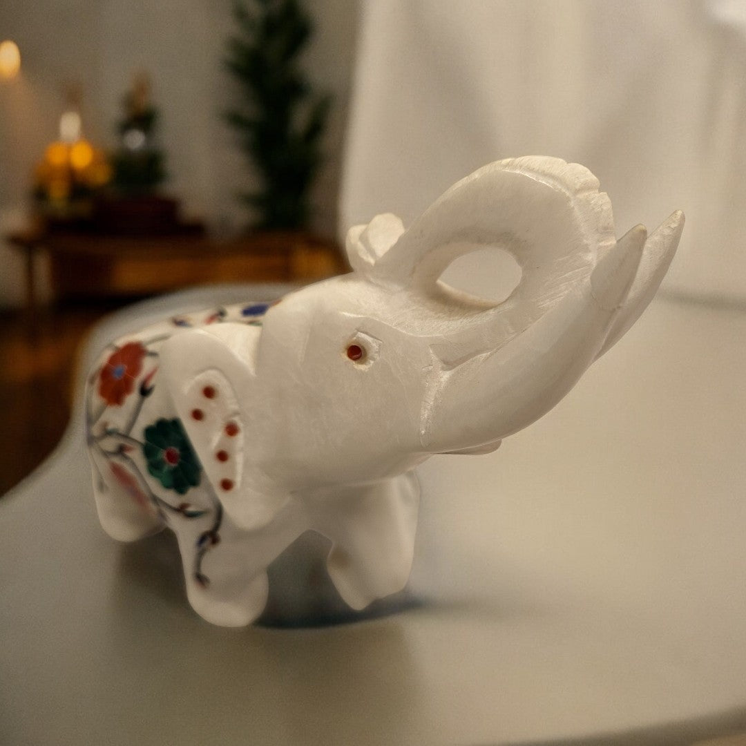 White Marble Inlay Work Elephant |(5 X 6.5 X 2 inch)|Weight- 900 gm