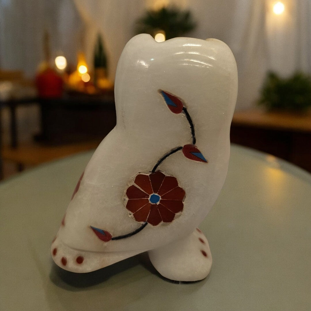 White Marble Inlay Work Owl|(4 X 3 X 1.5 inch)|Weight- 250 gm