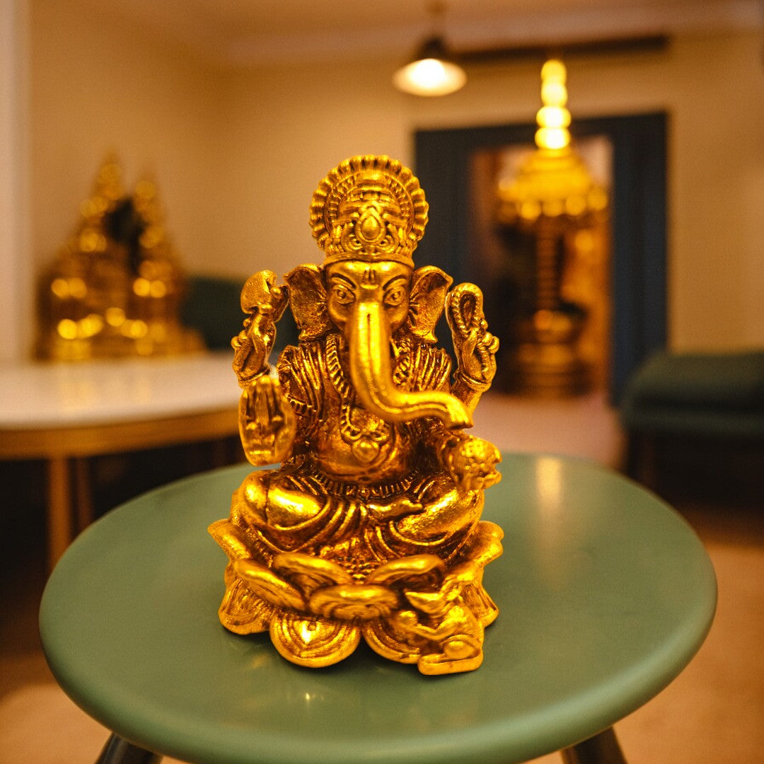 Lord Ganesh Lakshmi Statue/Idol (Golden) |  Free Premium Gift Box