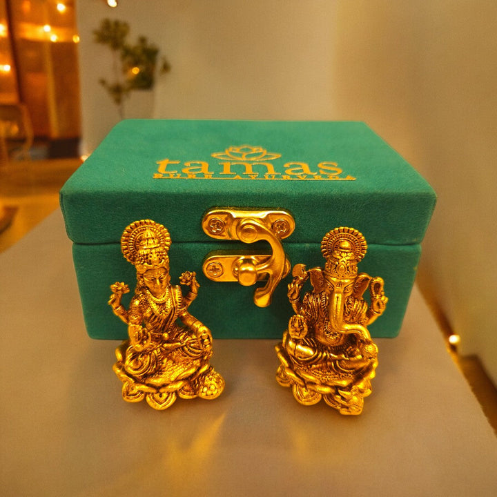 Lord Ganesh Lakshmi Statue/Idol (Golden) |  Free Premium Gift Box