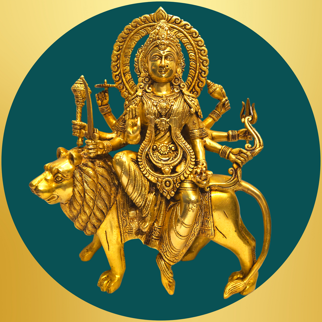 Brass Goddess Durga Maa with Lion Statue/Idol (Golden) (15 Inches)