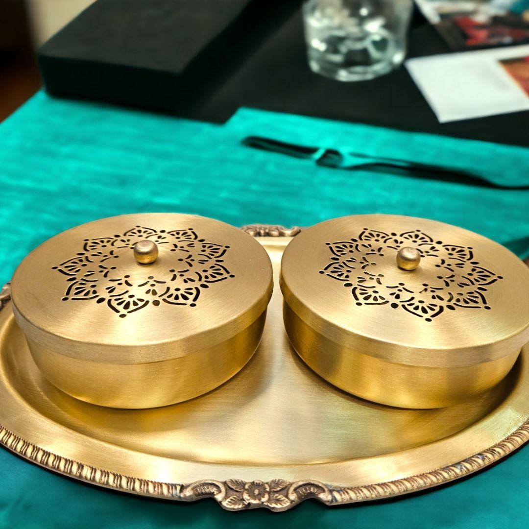 Tamas Brass Serving Tray and Bowls with Lid Set -3 Pcs Golden)