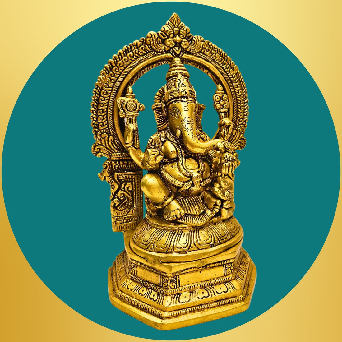 Tamas Brass Lord Ganesha with Aureole and Kirtimukha Statue/Idol (Golden)(9.5 Inches)