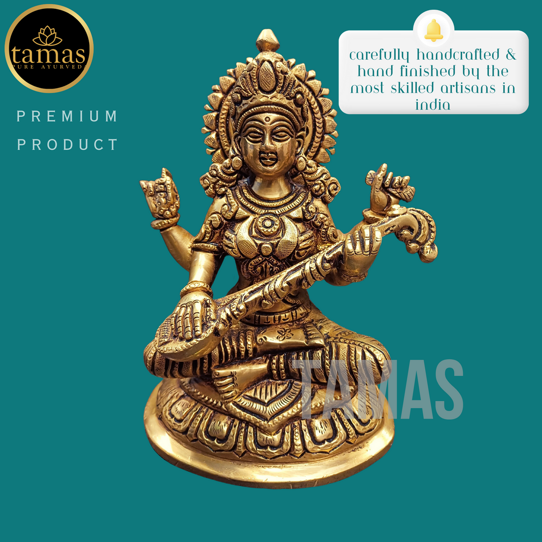 Tamas Brass Saraswati Statue (7.5 Inches)| Free Luxury Gift box